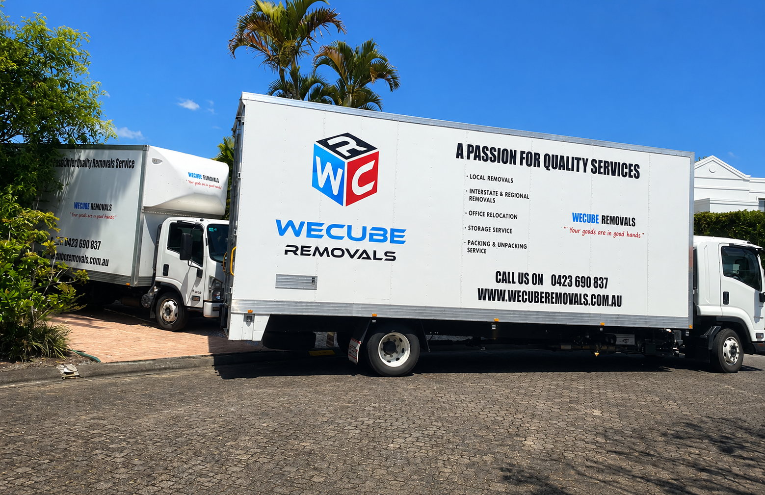 Wecube Removals fleet of moving trucks covering Brisbane, Gold Coast, Logan, Ipswich and Moreton Bay