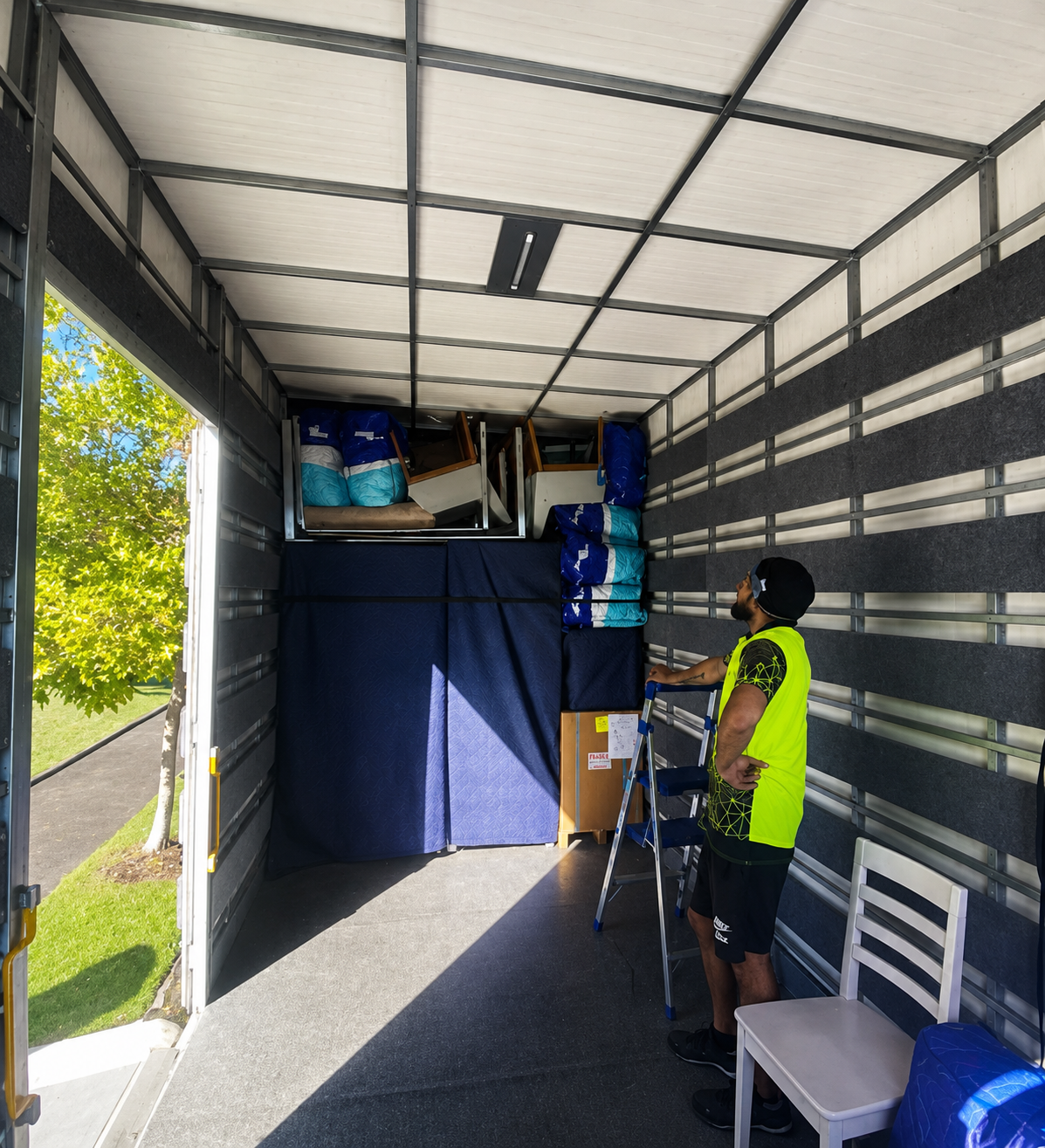 Uniformed Wecube removalist carefully wrapping a sofa in protective blankets
